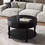 Table basse ronde de 80 cm avec rangement caché à plateau relevable et étagère ouverte, table d'appoint à deux niveaux avec pieds en bois pour salon