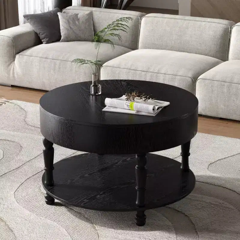 Table basse ronde de 80 cm avec rangement caché à plateau relevable et étagère ouverte, table d'appoint à deux niveaux avec pieds en bois pour salon