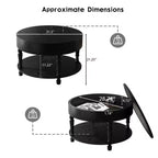 Table basse ronde de 80 cm avec rangement caché à plateau relevable et étagère ouverte, table d'appoint à deux niveaux avec pieds en bois pour salon