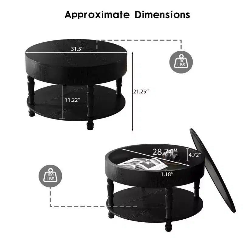 Table basse ronde de 80 cm avec rangement caché à plateau relevable et étagère ouverte, table d'appoint à deux niveaux avec pieds en bois pour salon