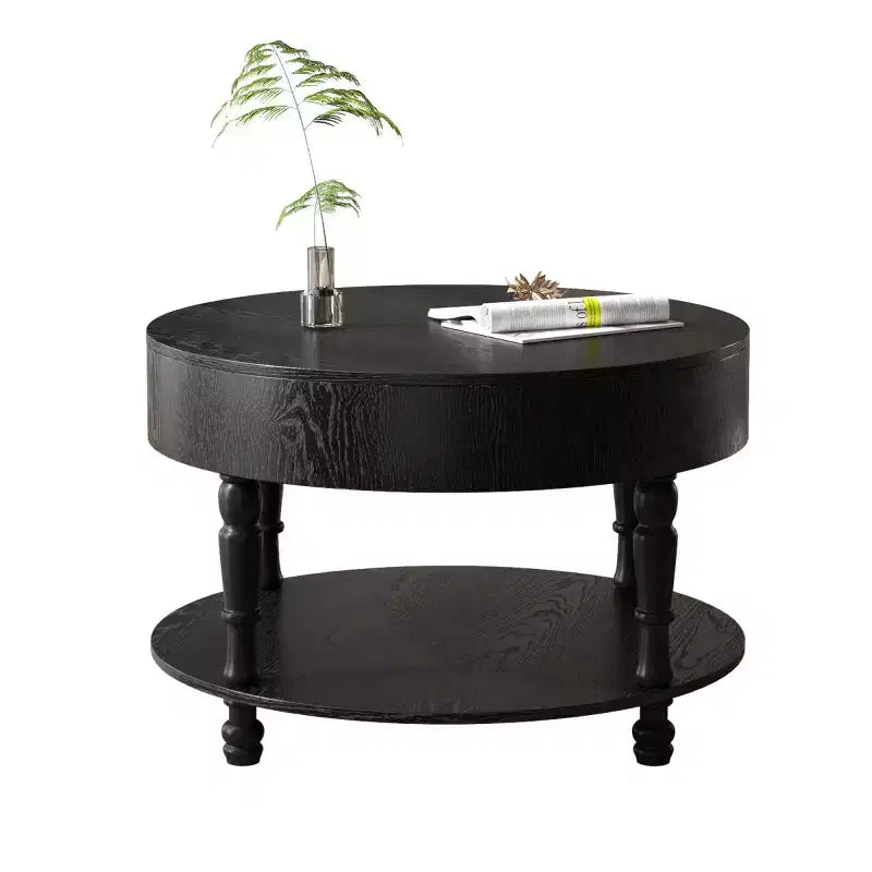 Table basse ronde de 80 cm avec rangement caché à plateau relevable et étagère ouverte, table d'appoint à deux niveaux avec pieds en bois pour salon