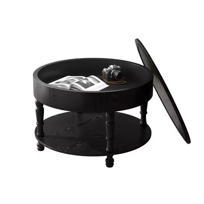 Table basse ronde de 80 cm avec rangement caché à plateau relevable et étagère ouverte, table d'appoint à deux niveaux avec pieds en bois pour salon