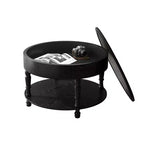 Table basse ronde de 80 cm avec rangement caché à plateau relevable et étagère ouverte, table d'appoint à deux niveaux avec pieds en bois pour salon