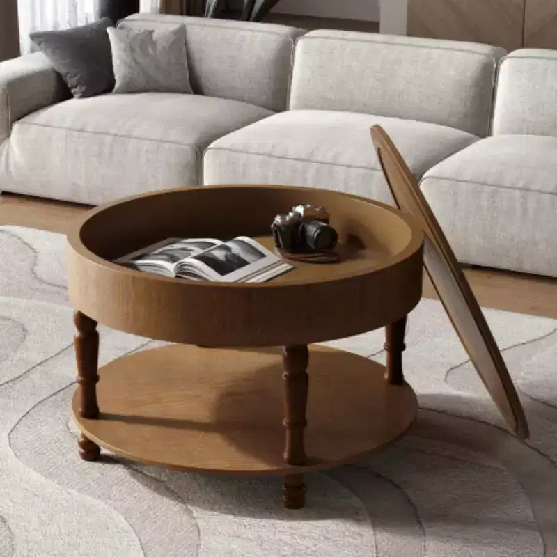 Table basse ronde de 80 cm avec rangement caché à plateau relevable et étagère ouverte, table d'appoint à deux niveaux avec pieds en bois pour salon