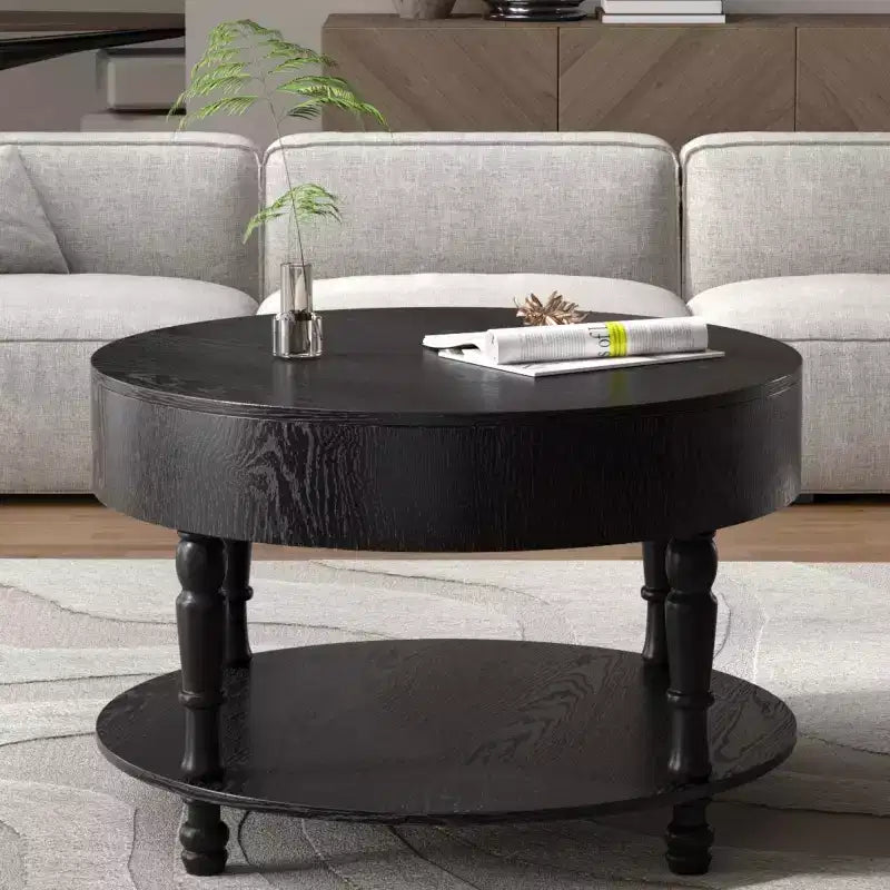 31.5 Round Coffee Table with Flip-Top Hidden Storage and Open Shelf, Two-Tier Accent Table with Wood Legs for Living Room - Panipeachy