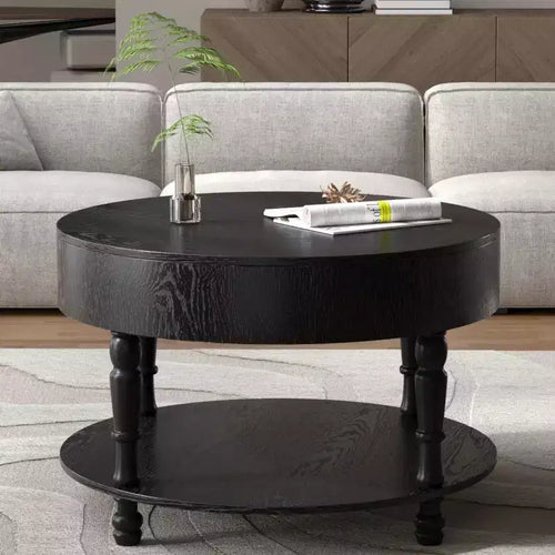 31.5 Round Coffee Table with Flip-Top Hidden Storage and Open Shelf, Two-Tier Accent Table with Wood Legs for Living Room - Panipeachy