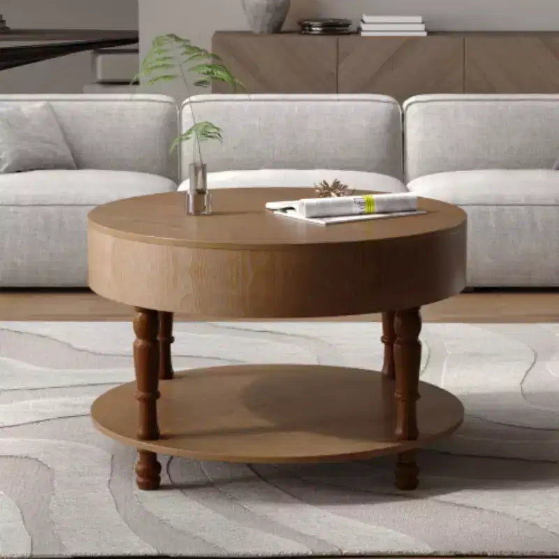 Table basse ronde de 80 cm avec rangement caché à plateau relevable et étagère ouverte, table d'appoint à deux niveaux avec pieds en bois pour salon