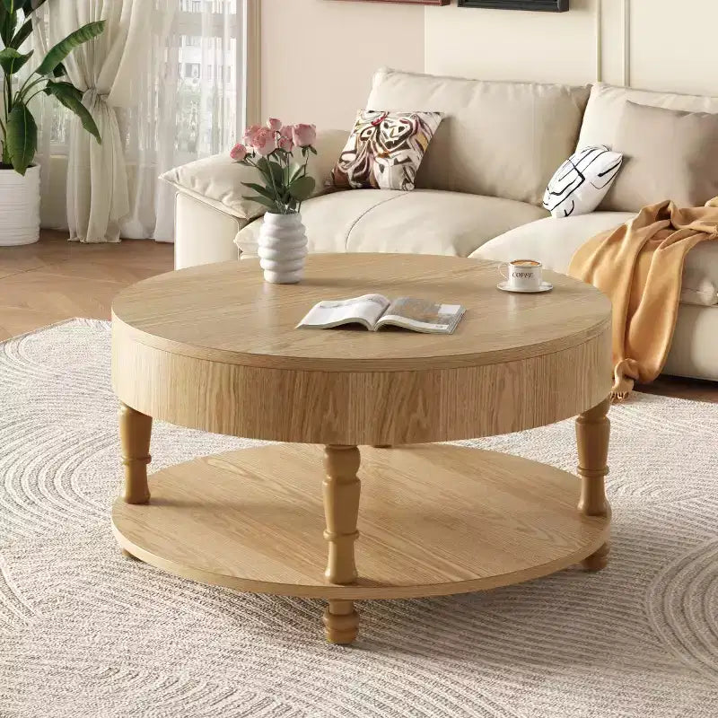 Table basse ronde de 80 cm avec rangement caché à plateau relevable et étagère ouverte, table d'appoint à deux niveaux avec pieds en bois pour salon