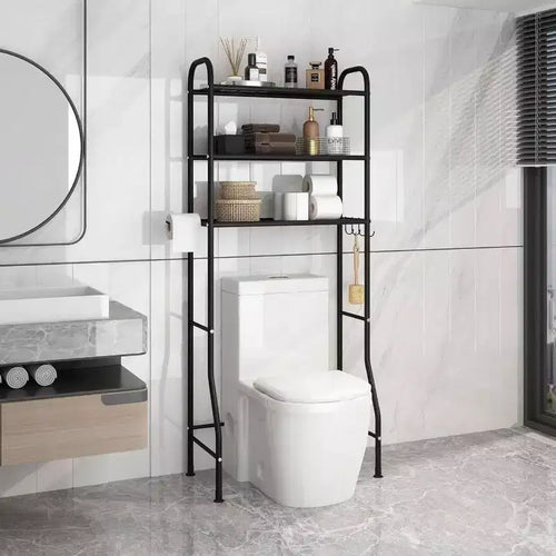 Étagère de rangement en métal à 3 niveaux pour salle de bain, organisateur multifonctionnel au-dessus des toilettes avec porte-papier toilette, noir, 3 niveaux