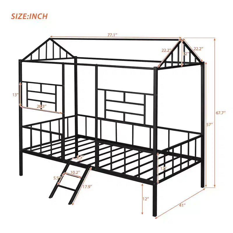 Cadre de lit maison en métal de taille double avec petite échelle, grand espace de rangement