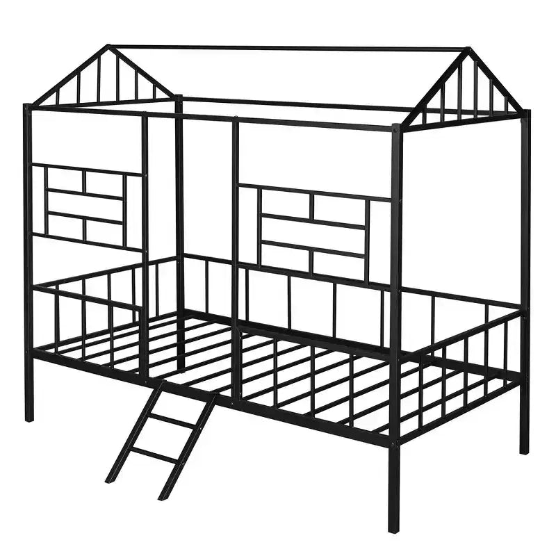 Cadre de lit maison en métal de taille double avec petite échelle, grand espace de rangement