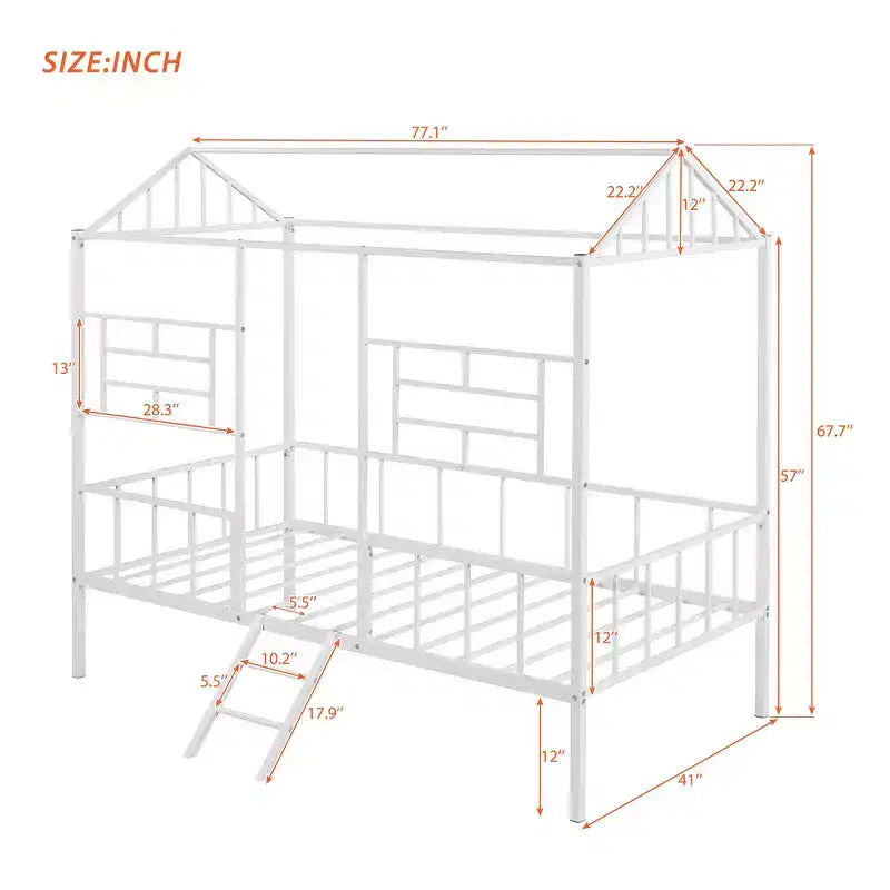 Cadre de lit maison en métal de taille double avec petite échelle, grand espace de rangement