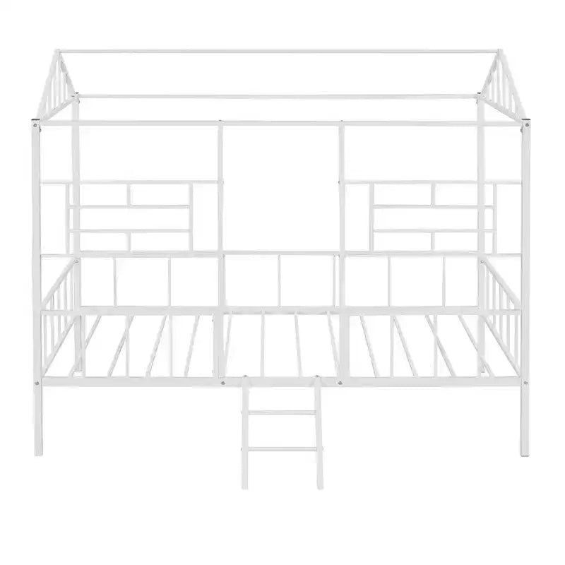 Cadre de lit maison en métal de taille double avec petite échelle, grand espace de rangement
