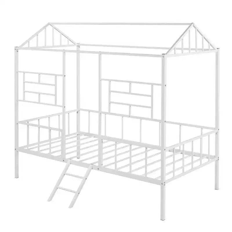 Cadre de lit maison en métal de taille double avec petite échelle, grand espace de rangement