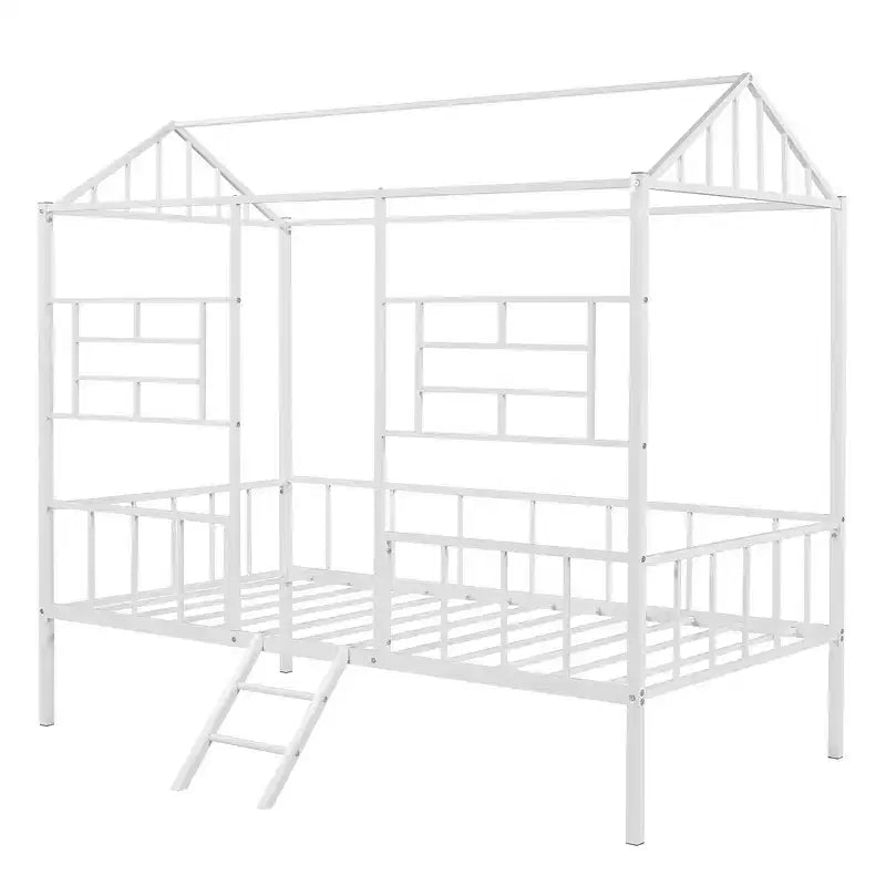 Cadre de lit maison en métal de taille double avec petite échelle, grand espace de rangement