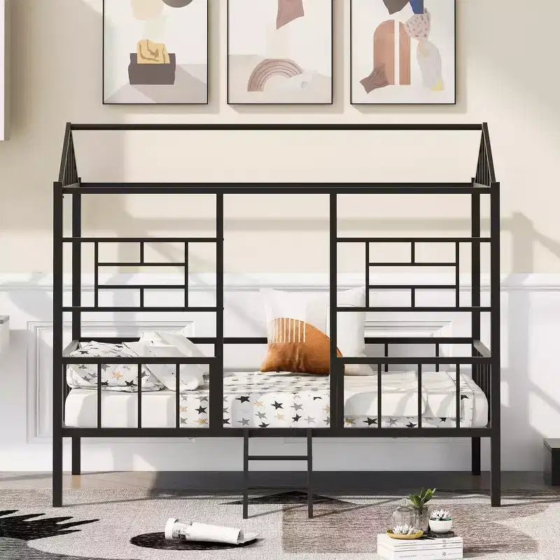 Cadre de lit maison en métal de taille double avec petite échelle, grand espace de rangement