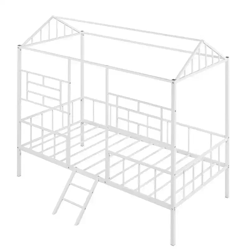 Cadre de lit maison en métal de taille double avec petite échelle, grand espace de rangement