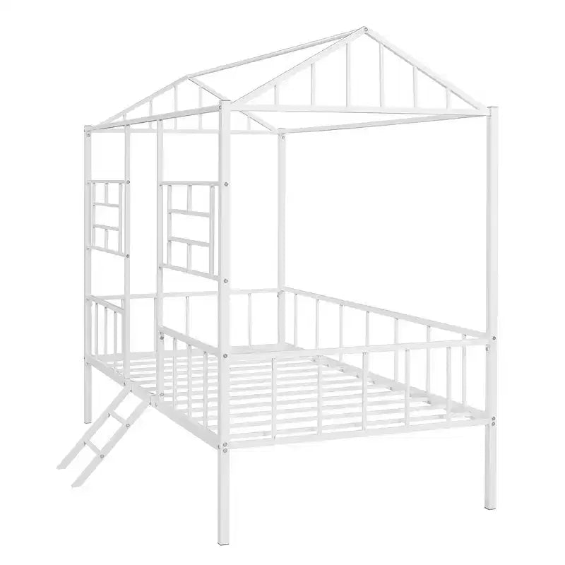 Cadre de lit maison en métal de taille double avec petite échelle, grand espace de rangement