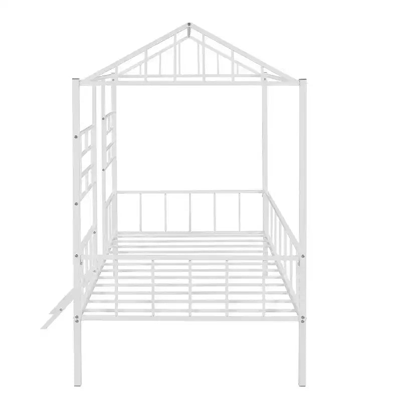 Cadre de lit maison en métal de taille double avec petite échelle, grand espace de rangement