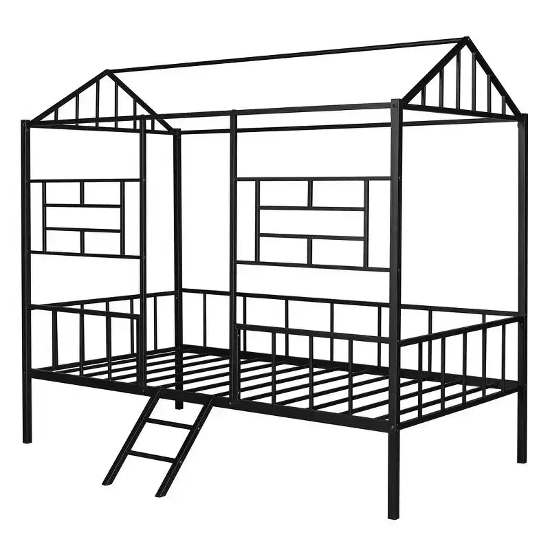 Cadre de lit maison en métal de taille double avec petite échelle, grand espace de rangement