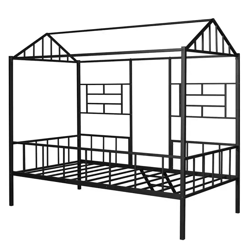 Cadre de lit maison en métal de taille double avec petite échelle, grand espace de rangement