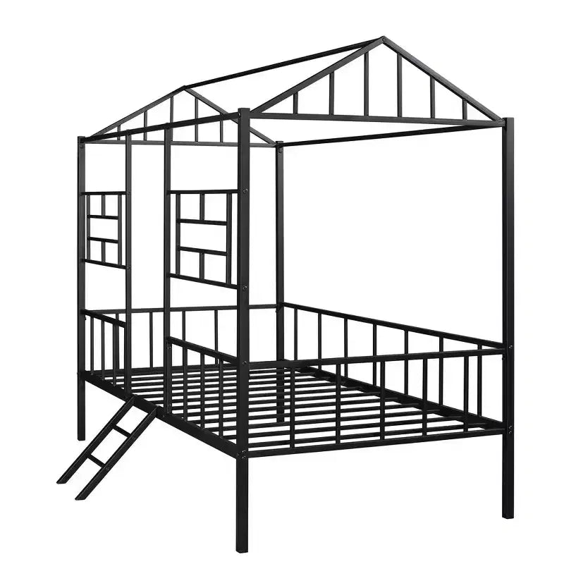 Cadre de lit maison en métal de taille double avec petite échelle, grand espace de rangement