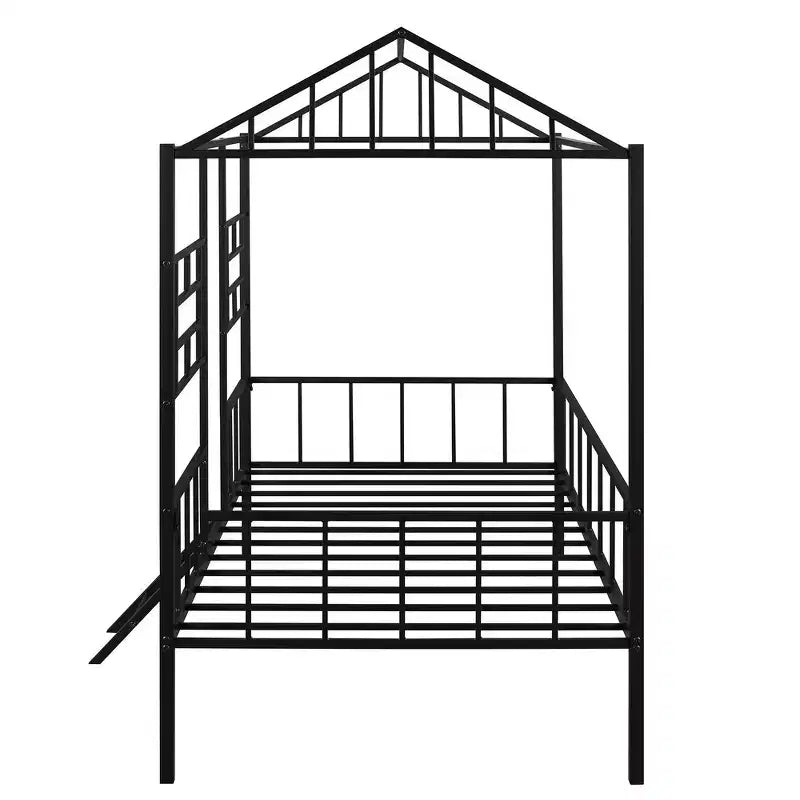 Cadre de lit maison en métal de taille double avec petite échelle, grand espace de rangement