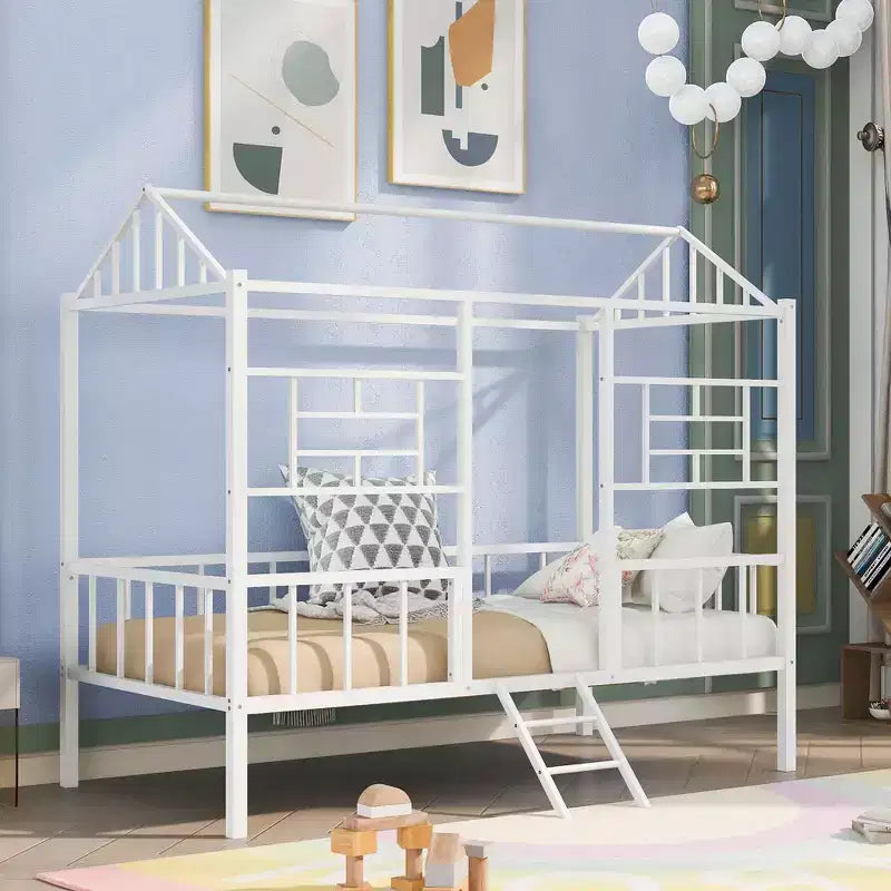 Whisen Twin Size Metal House Bed Frame with Small Ladder, Large Storage Space