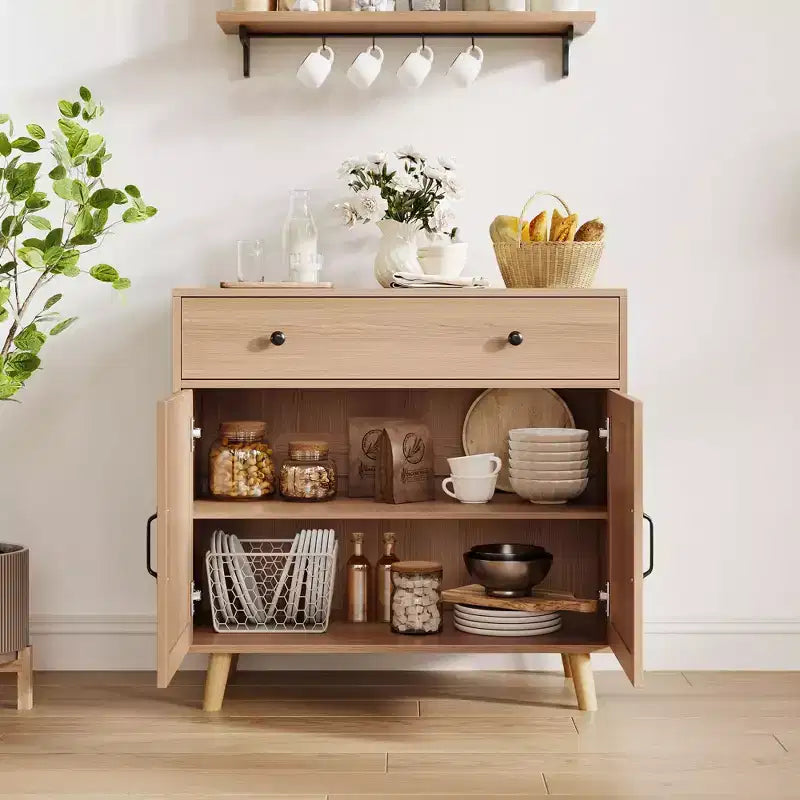 Meuble d'appoint avec rangement, console de bar à café, buffet avec tiroir et portes, table console en bois