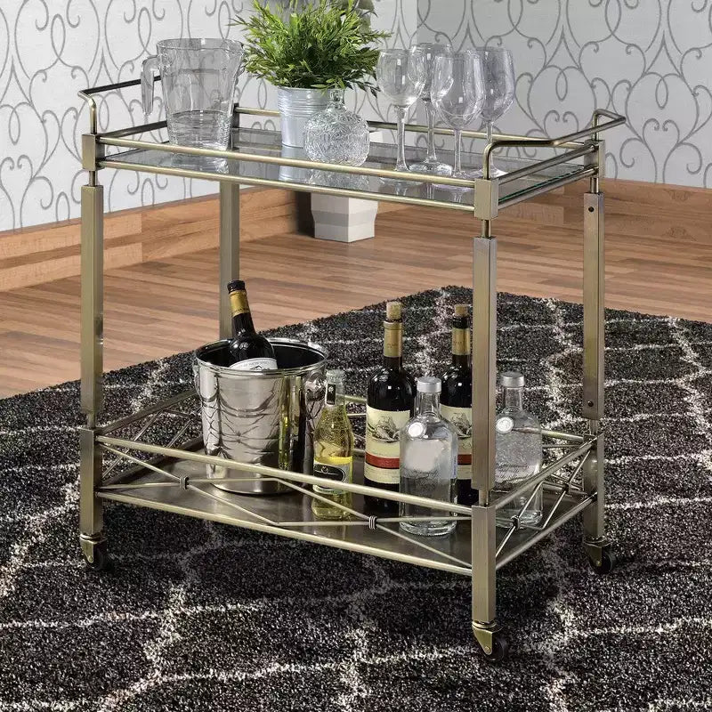 Royal Hampton Two Tiered Metal Serving Cart with Glass Shelves and Side Rails, Antique Gold