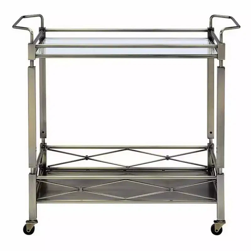 Chariot de service à deux niveaux en métal avec étagères en verre et barres latérales, Or antique