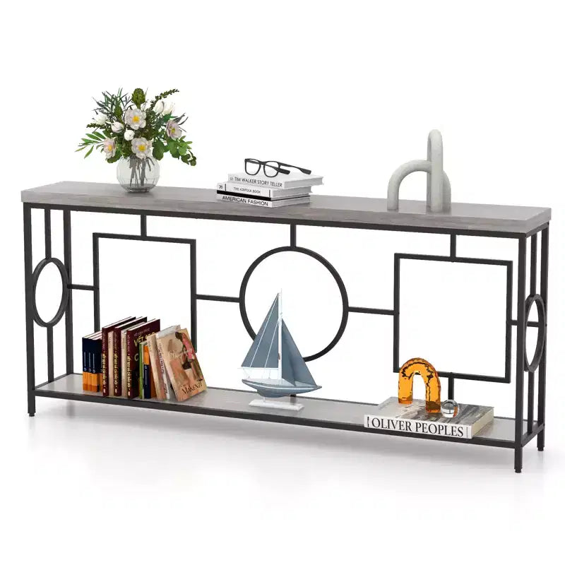 Costway 2-Tier Console Table 71 Extra-long Sofa Table with Storage Shelf Faux Wood Top Geometric Frame
