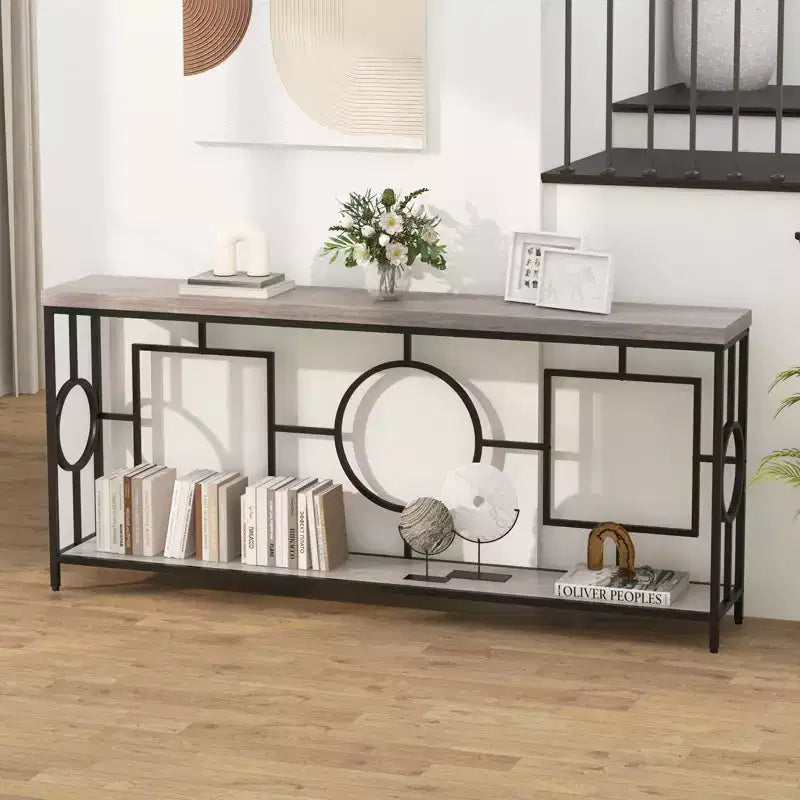 Console double niveau, table de canapé extra-longue de 71 po avec étagère de rangement, dessus en faux bois, cadre géométrique