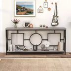 Console double niveau, table de canapé extra-longue de 71 po avec étagère de rangement, dessus en faux bois, cadre géométrique