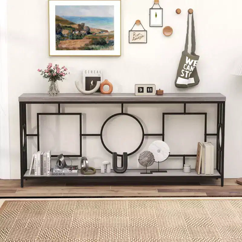 Console double niveau, table de canapé extra-longue de 71 po avec étagère de rangement, dessus en faux bois, cadre géométrique