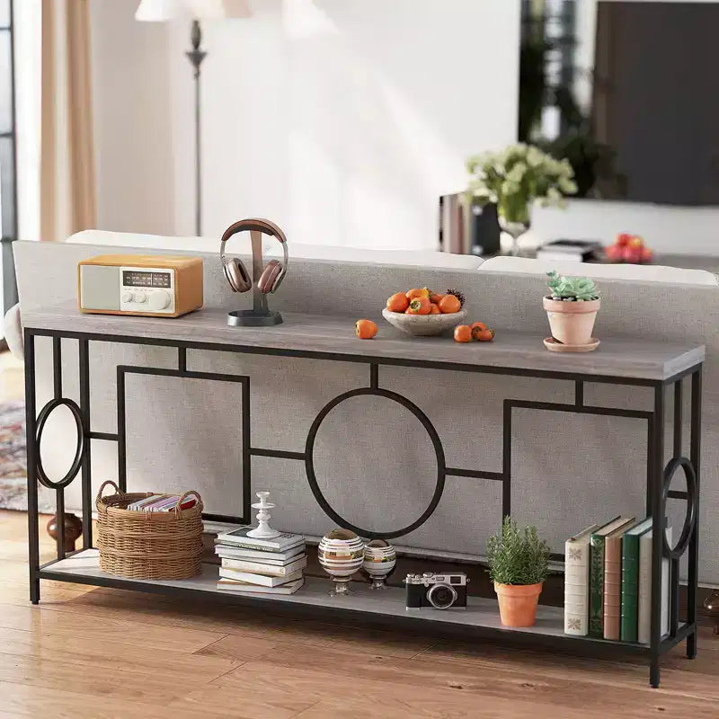 Console double niveau, table de canapé extra-longue de 71 po avec étagère de rangement, dessus en faux bois, cadre géométrique
