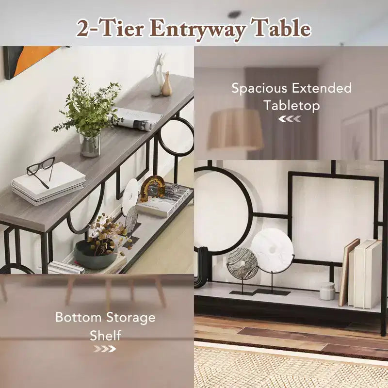 Console double niveau, table de canapé extra-longue de 71 po avec étagère de rangement, dessus en faux bois, cadre géométrique