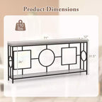 Console double niveau, table de canapé extra-longue de 71 po avec étagère de rangement, dessus en faux bois, cadre géométrique
