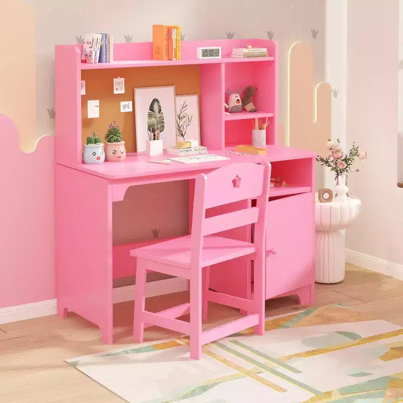 Garvee Kids Study Desk with Chair,Wooden Study Table with Hutch and Storage Cabinet,Writing Desk Computer Workstation