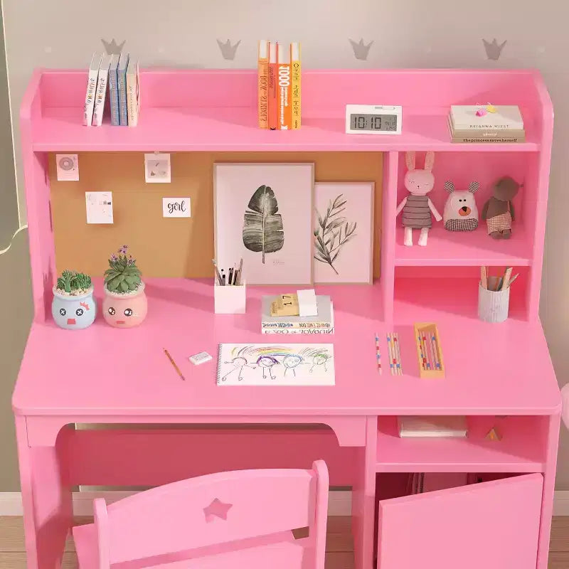 Bureau d'étude pour enfants avec chaise, Table d'étude en bois avec étagère et meuble de rangement, Poste de travail informatique.