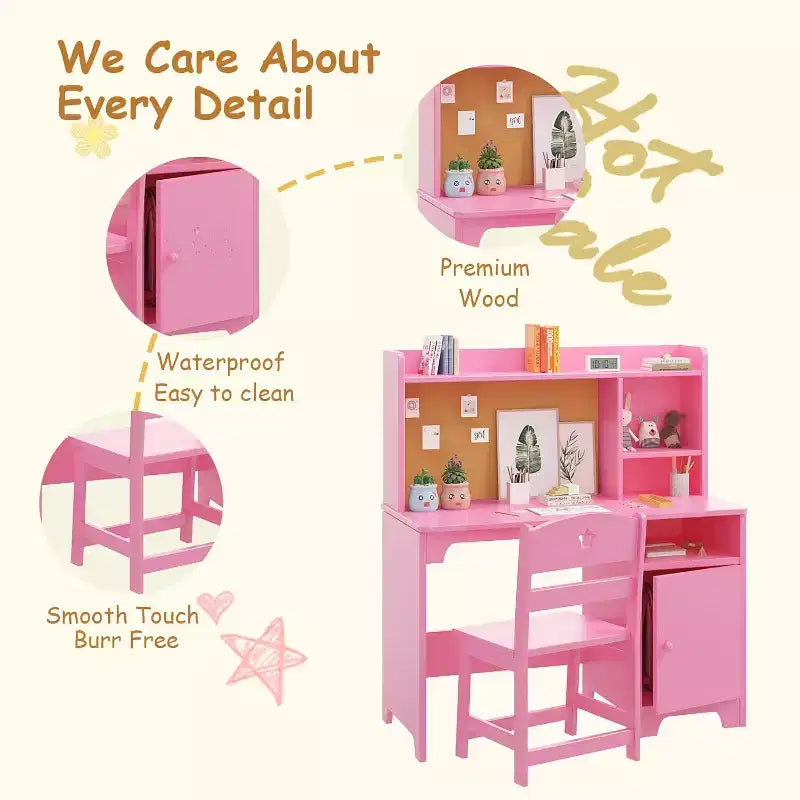 Bureau d'étude pour enfants avec chaise, Table d'étude en bois avec étagère et meuble de rangement, Poste de travail informatique.