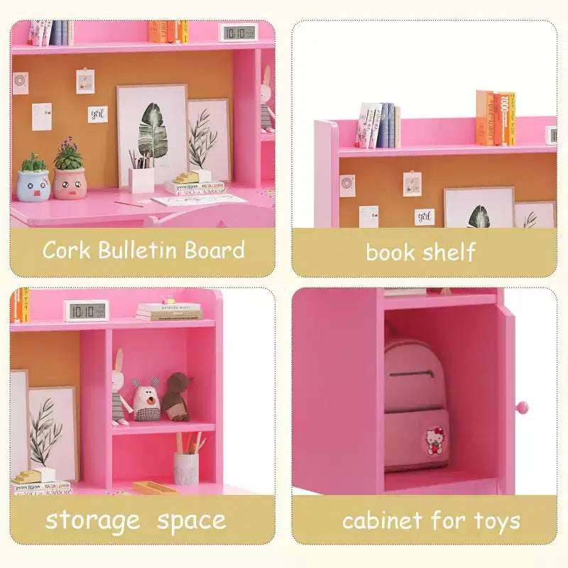 Bureau d'étude pour enfants avec chaise, Table d'étude en bois avec étagère et meuble de rangement, Poste de travail informatique.