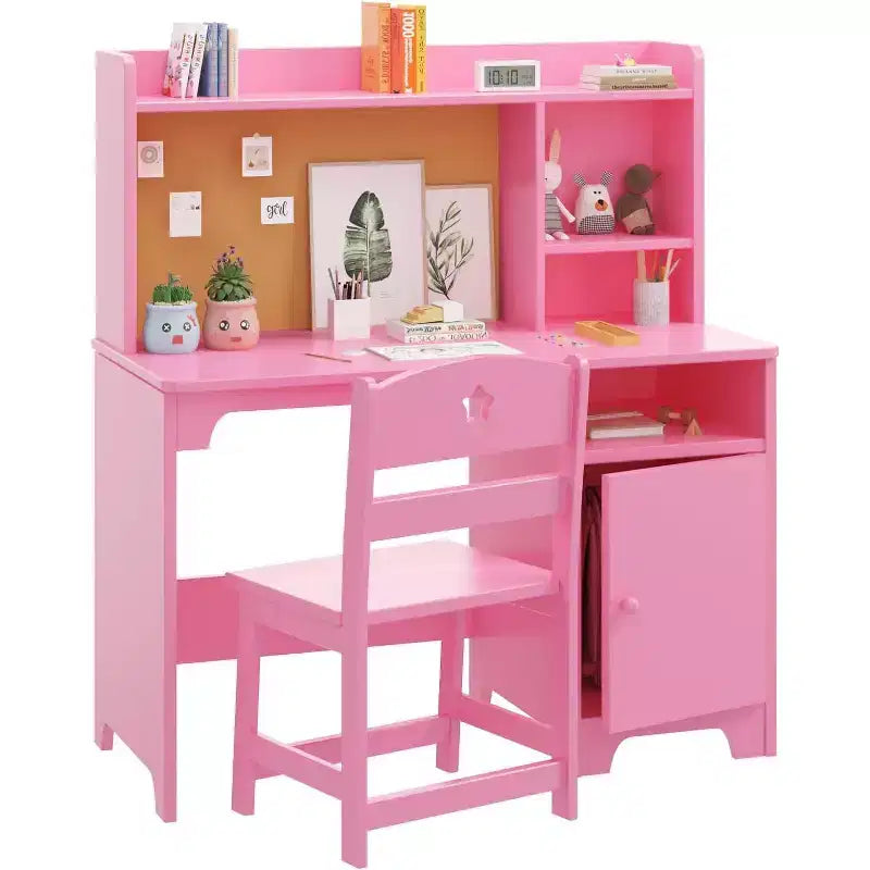 Bureau d'étude pour enfants avec chaise, Table d'étude en bois avec étagère et meuble de rangement, Poste de travail informatique.