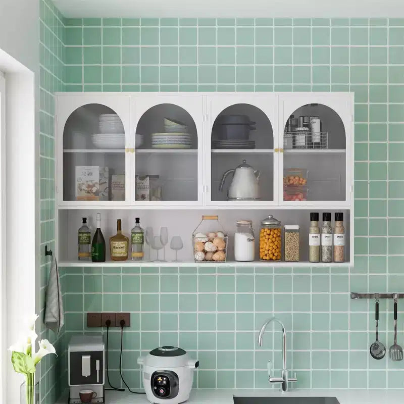 Buffet de cuisine mural, Meuble haut 4 portes vitrées avec étagère ouverte, Rangement minimaliste moderne pour salon, salle de bain, salle à manger