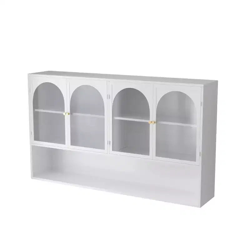 Buffet de cuisine mural, Meuble haut 4 portes vitrées avec étagère ouverte, Rangement minimaliste moderne pour salon, salle de bain, salle à manger