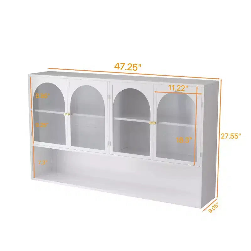 Buffet de cuisine mural, Meuble haut 4 portes vitrées avec étagère ouverte, Rangement minimaliste moderne pour salon, salle de bain, salle à manger