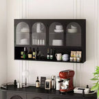 Buffet de cuisine mural, Meuble haut 4 portes vitrées avec étagère ouverte, Rangement minimaliste moderne pour salon, salle de bain, salle à manger