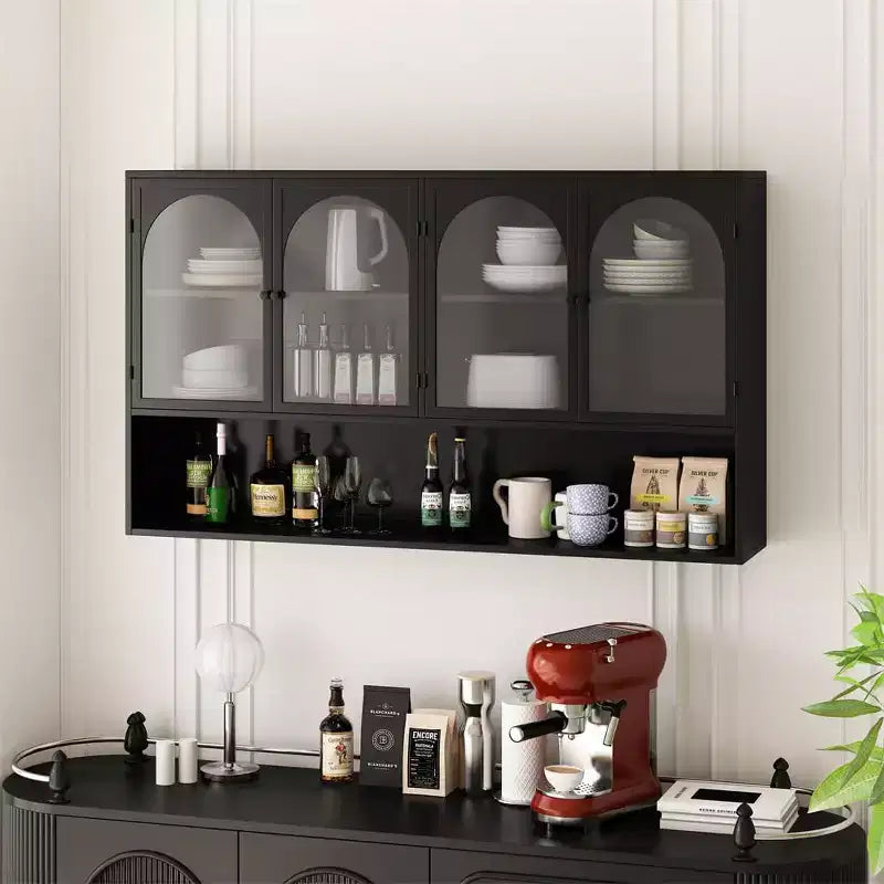 Buffet de cuisine mural, Meuble haut 4 portes vitrées avec étagère ouverte, Rangement minimaliste moderne pour salon, salle de bain, salle à manger