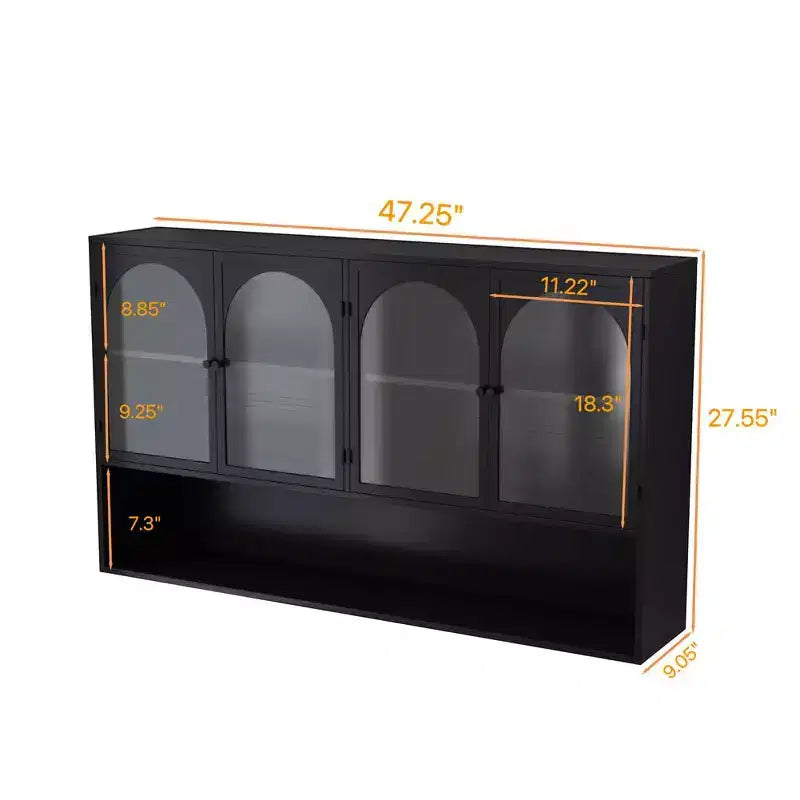 Buffet de cuisine mural, Meuble haut 4 portes vitrées avec étagère ouverte, Rangement minimaliste moderne pour salon, salle de bain, salle à manger