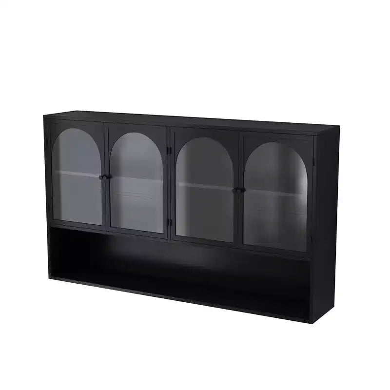 Buffet de cuisine mural, Meuble haut 4 portes vitrées avec étagère ouverte, Rangement minimaliste moderne pour salon, salle de bain, salle à manger